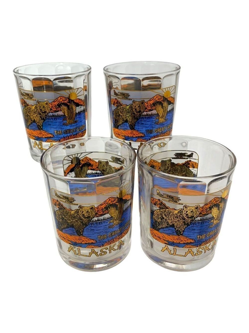 ALASKA Collectible Glass Bear Scenic Souvenir Of Alaska The Great Land Lot Set